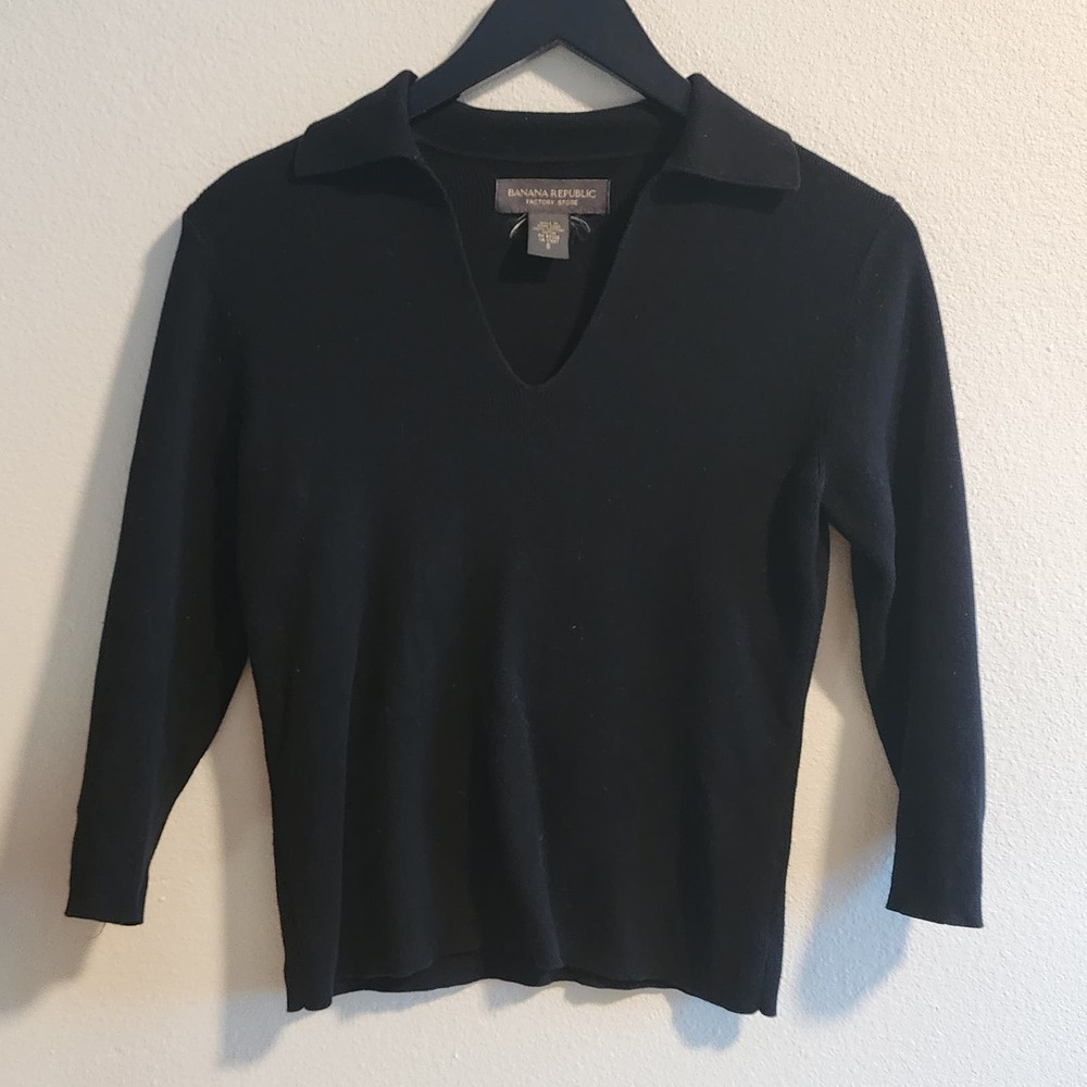 Banana Republic Factory Store 3/4 Length Sleeve Black Collared Top Womens Small